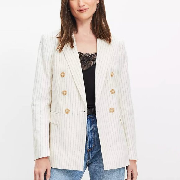 Loft Striped Cotton Linen Double Breasted Blazer in Whisper White NWT - Picture 1 of 14